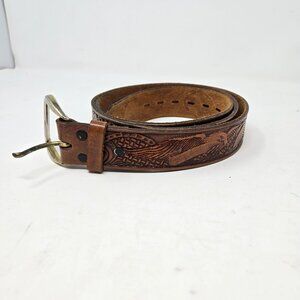 Western Tooled Leather Belt W/ Eagle Design 44" 1.5" Wide Top Grain Leather Bras
